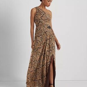 Ralph Lauren Brown Paisley One-Shoulder Dress